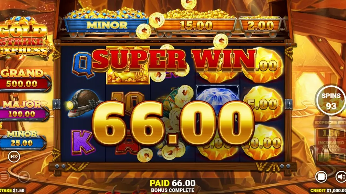 Tampilan visual slot Gold Strike Express dengan elemen kereta tambang dan simbol emas.