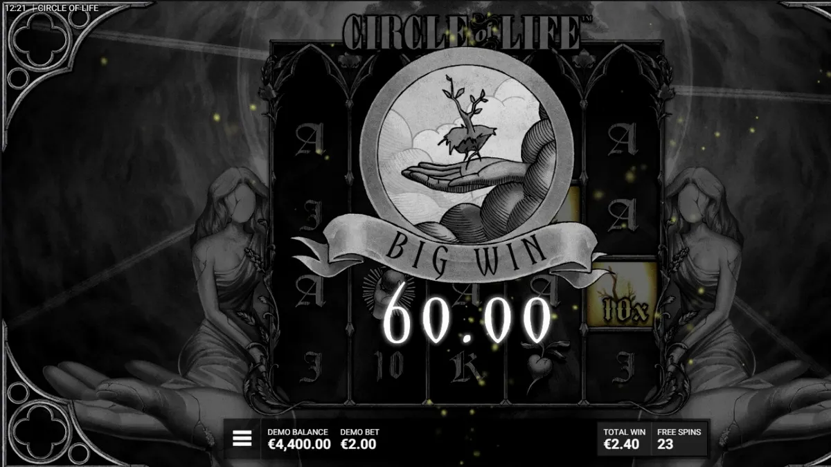 Tampilan visual slot Circle of Life dengan tema monokrom dan simbol pohon kehidupan yang bercahaya.